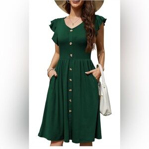 Dark Green Button-Front Midi Dress